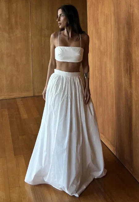 Luxe White High Waist Maxi Skirt & Backless Top Set Summer