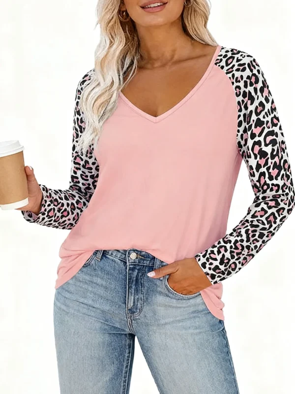 Chic Plus Size Leopard Print V-Neck Long Sleeve Tee