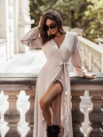 Elegant Women's V-Neck Ankle Dress - Minimalist Chic Style
