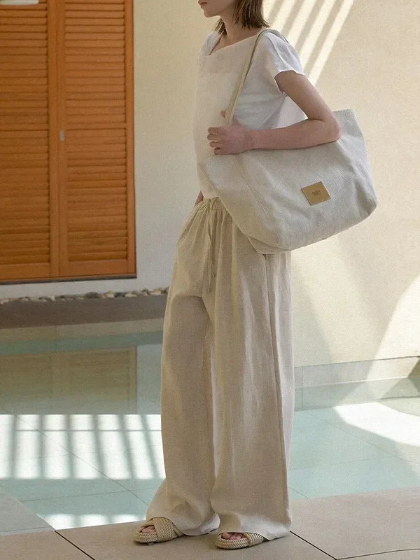 100% Linen Casual Women's Trousers  Spring And Summer New Solid Color Simple Ladies Pockets Long Straight Pants