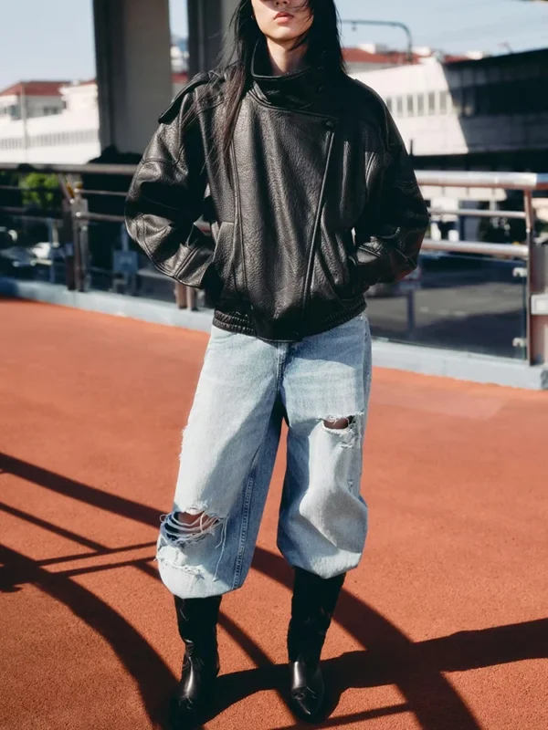 Chic Faux Leather Jacket for Women with Stand Collar