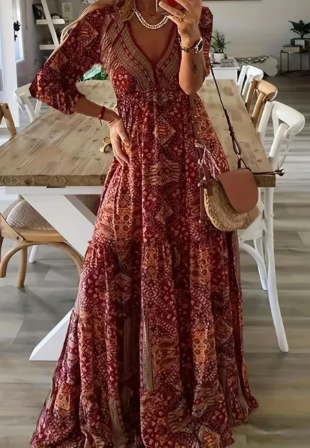 Bohemian V-Neck Ankle Dress for Plus Sizes in Vibrant Hues
