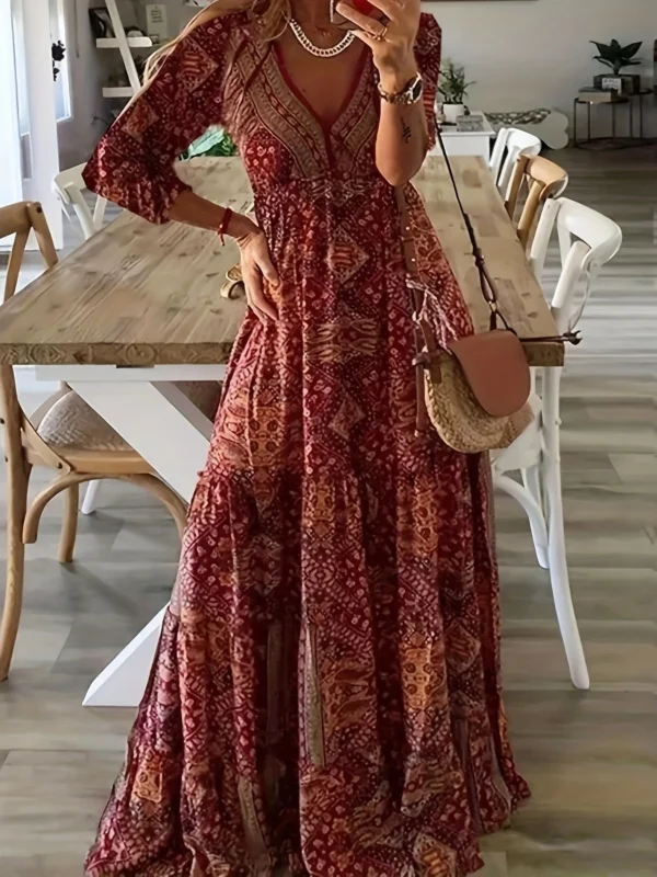 Bohemian V-Neck Ankle Dress for Plus Sizes in Vibrant Hues