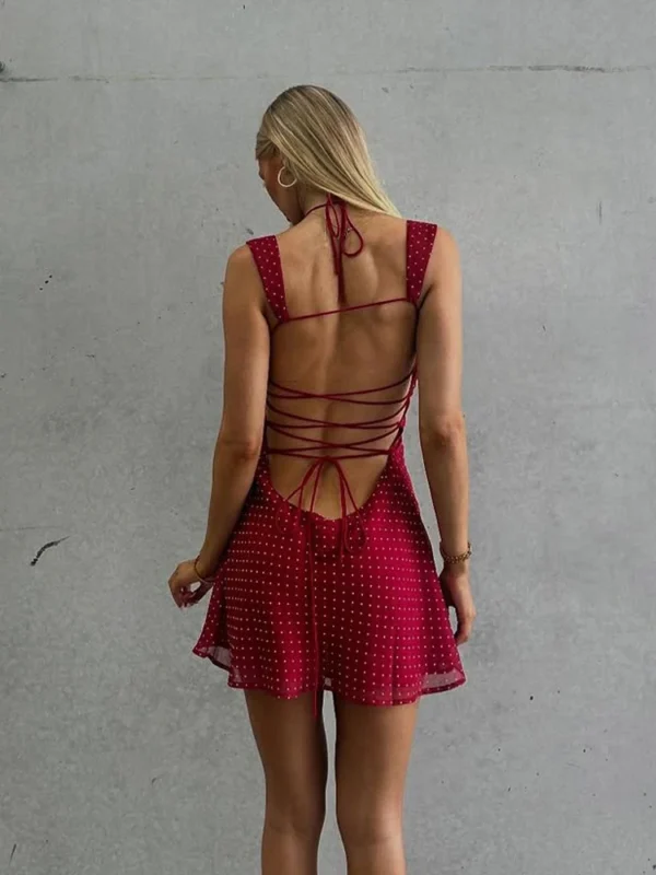 Chic Wine Red Polka Dot Chiffon Dress with Lace-Up Back
