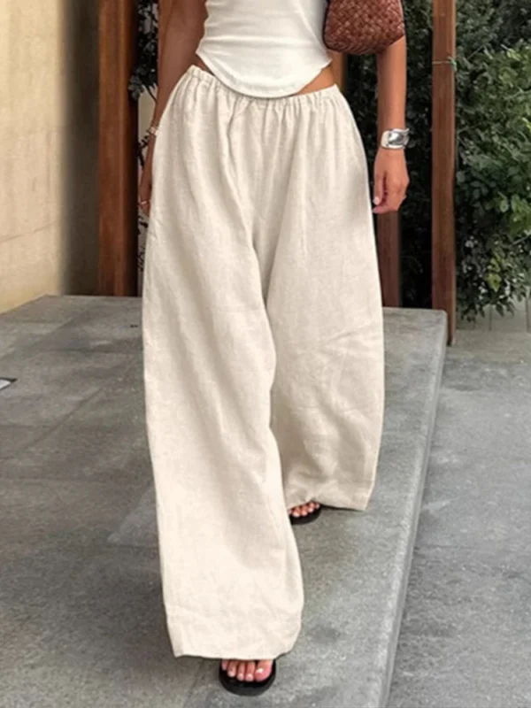 Cotton Linen Loose Women's Pant Elastic Waist Pleated Casual Female Wide Leg Trousers  Summer Solid Vacation Lady Pant