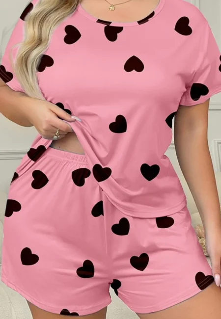 Plus Size Silky Pajamas Set with Sweetheart Print for Summer Comfort