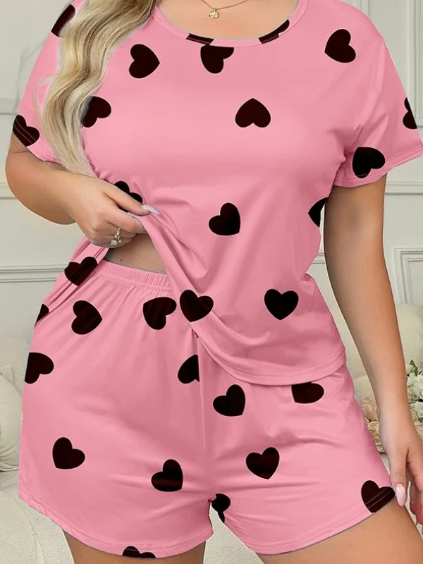 Plus Size Silky Pajamas Set with Sweetheart Print for Summer Comfort