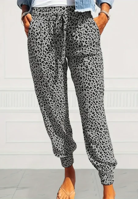 Leopard Print Drawstring Pants Women Casual Ankle Length 5 XL