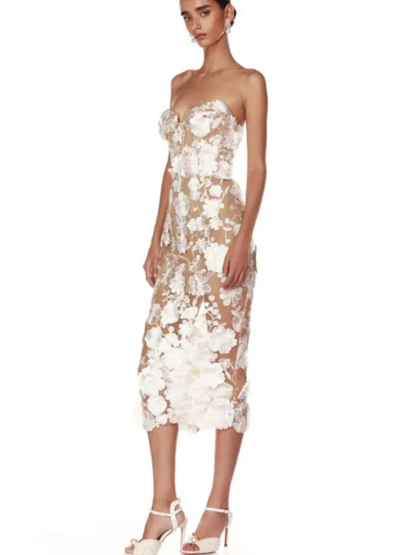 Strapless Floral Lace Patchwork Midi Dress Women Elegant White Red Sleeveless Backless Bodycon Runway Evening Party Dresses