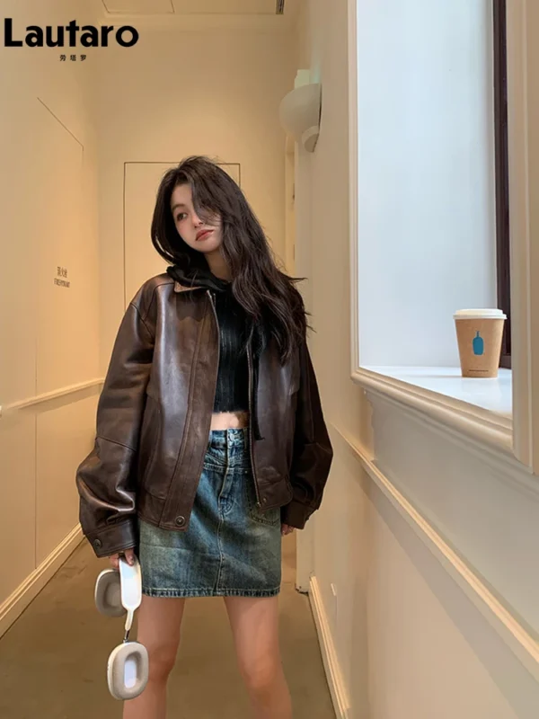 Chic Retro Brown PU Leather Jacket for All-Season Style