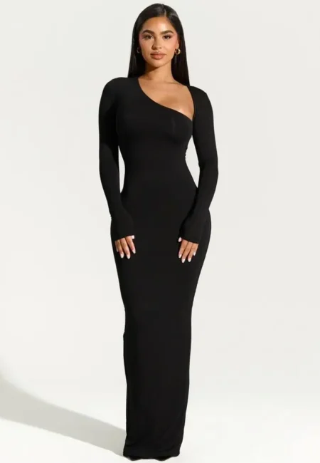 Elegant Autumn Maxi Dress with Diagonal Collar & Full Sleeves