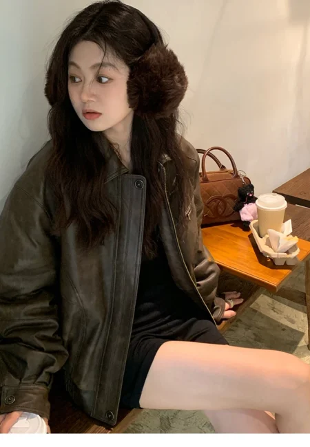 Waterproof Distressed Brown Faux Leather Jacket - Vintage Style