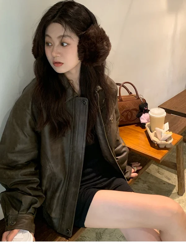 Chic Retro Brown PU Leather Jacket for All-Season Style