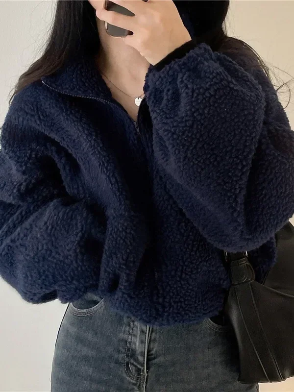 Women's Winter Autumn Fleece-lined Thickened Stand Collar Short Sweatshirt Loose-fit Idle Style Cardigan Zip-up Jacket