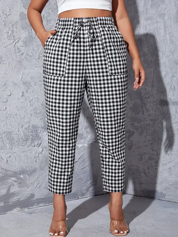 Plus Size Gingham Summer Casual Tapered Carrot Pants Elastic Waist Pocket Front Ankle Length Straight Pants Large Size 7XL 8XL