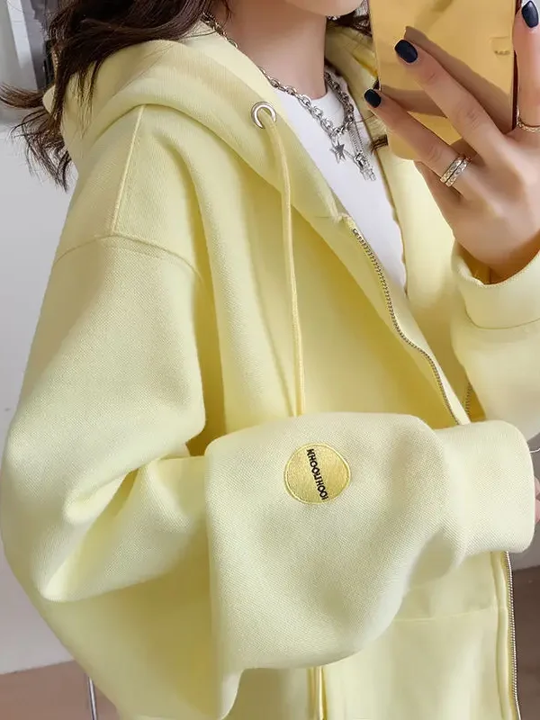 Casual Zip up Hooded Sweatshirt Candy Color Korean Streetwear Loose Zipper Essentials Hoodies for Women y2k Outerwear Tops