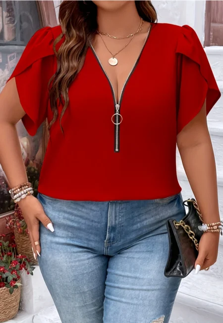 Plus Size Elegant Chiffon Blouse with Zipper - Summer Style