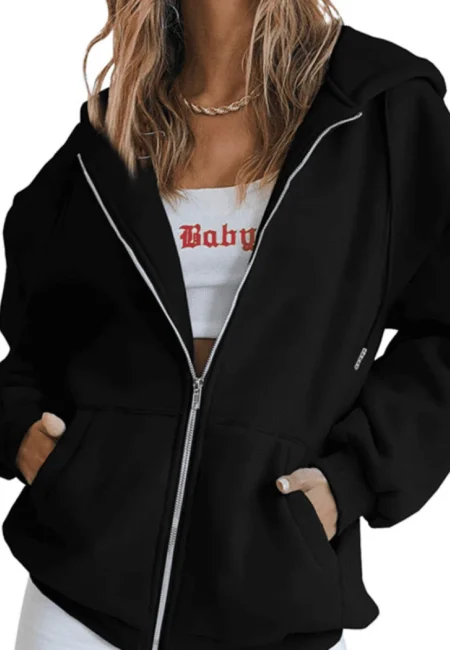 Streetwear Fleece Zip Hoodie Women Drop Shoulder Comfort