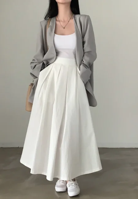 Elegant High-Waisted White A-Line Maxi Skirt for Women