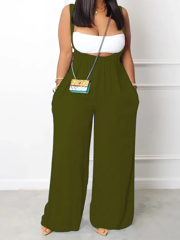 Plus Size Solid Ruched Overall Jumpsuit Casual Sleeveless Wide Leg Jumpsuit Women's Plus Size Clothing