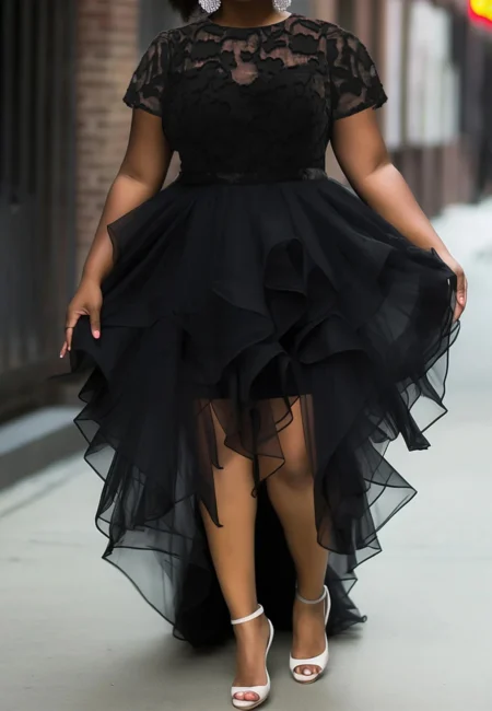 Plus Size Elegant Evening Dress with Ruffle Tulle & High-Low Hem