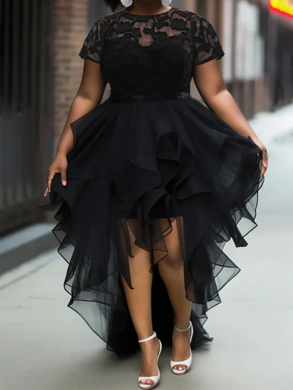 Plus Size Elegant Evening Dress with Ruffle Tulle & High-Low Hem