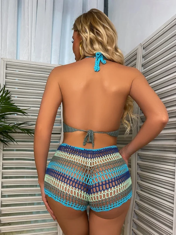 Vibrant Rainbow Crochet Bikini Set: Chic Off-Shoulder Swimwear