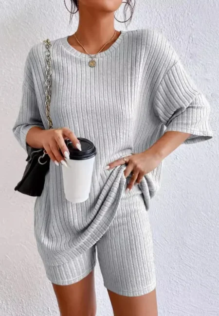 Breathable Knitted Summer Shorts Set - Casual Round Neck Top