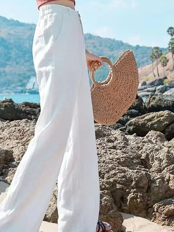 Elegant High-Waisted Wide-Leg Cotton Linen Pants for Women