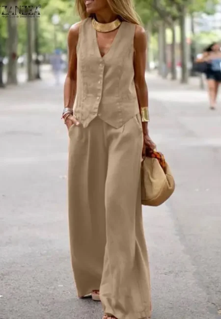 ZANZEA Elegant Wide Leg Pant Set - Breathable V-Neck Vest