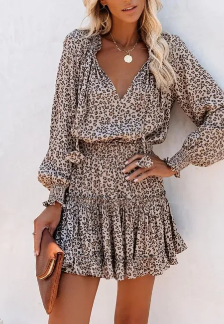 Leopard Print V-Neck Mini Dress with Lace-Up Waist Detail