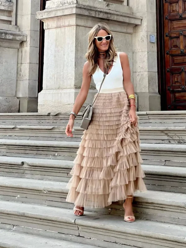 Elegant High-Waist Tulle Maxi Skirt for Modern Women