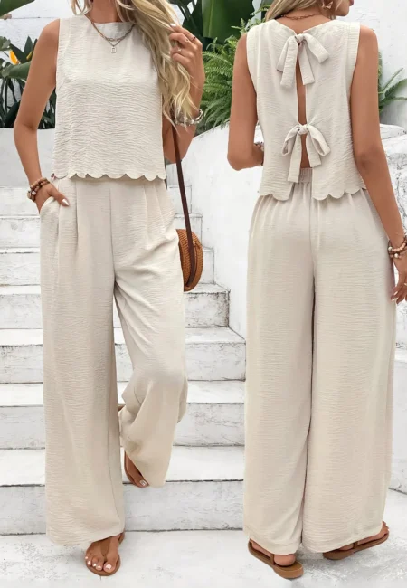 Elegant Women's Summer Two-Piece Set with Shell Trim & Pockets