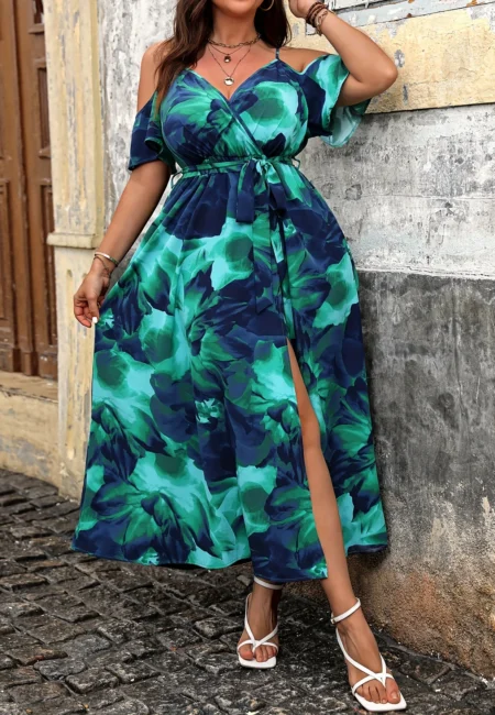 Floral Elegance Plus Size Off-the-Shoulder Summer Dress