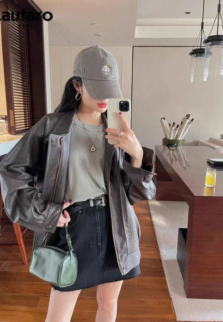 Lautaro Brown Oversized Leather Jacket for Trendy Women