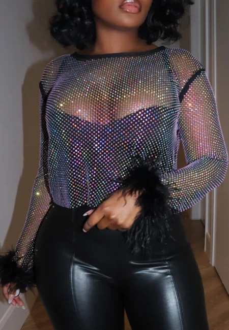 Plus Size Black Hollow-Out T-Shirt with Feather & Sequin Details