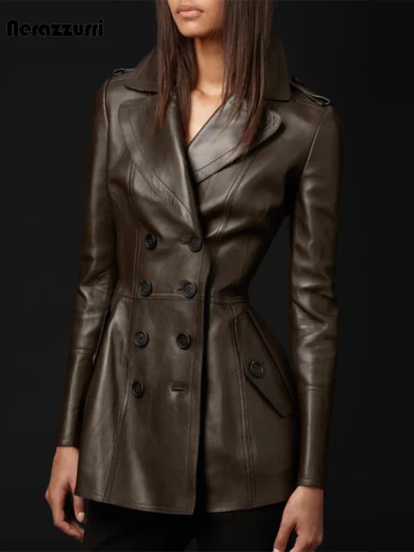 Elegant Brown Faux Leather Trench Coat for Women - Chic & Stylish
