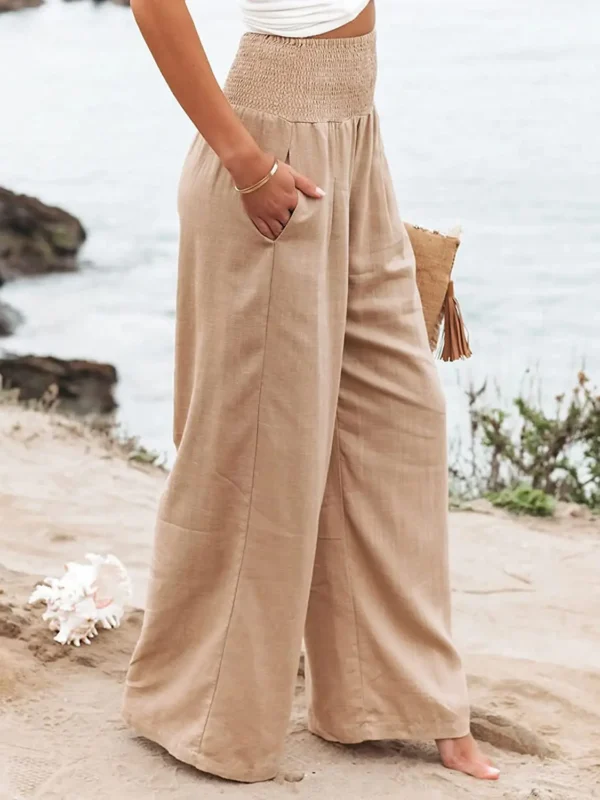 Women's casual pants with drawstring, mid waist, beach wide leg, spring and summer, European and American pants