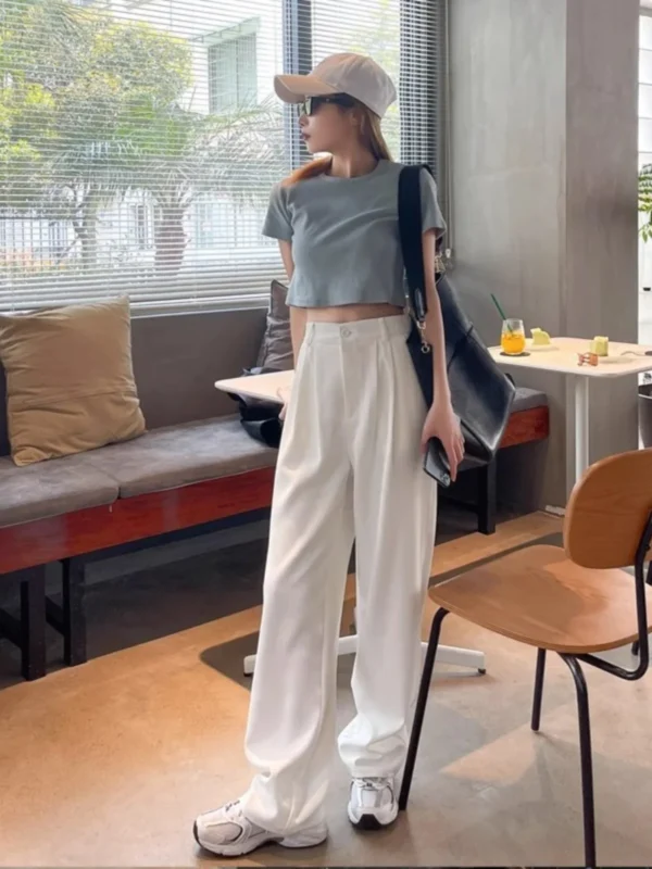 High Waist Draped White Wide Leg Pants Women Summer Thin Loose Straight Cut Floor Length Suit Trousers Korean Sle Casual Pants