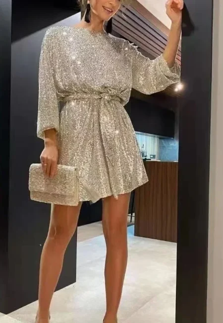 Elegant Beaded Mini Dress with Flare Sleeves for Summer Style