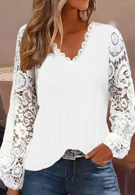 Elegant Plus Size Guipure Lace Shirt with Lantern Sleeves