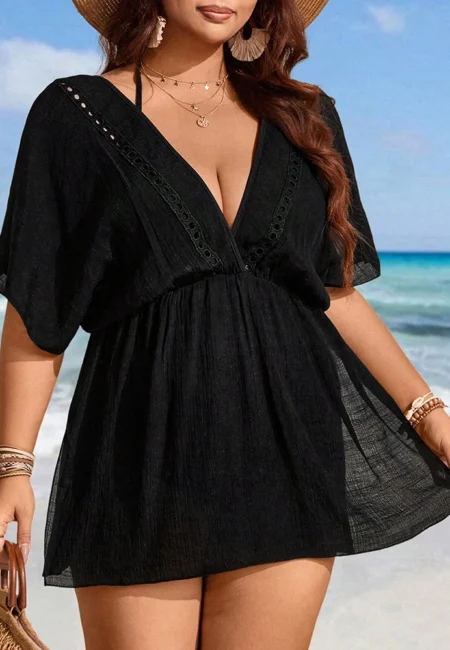 Black Chiffon Beach Cover Up - Flowy Pullover Kaftan XL-3 XL
