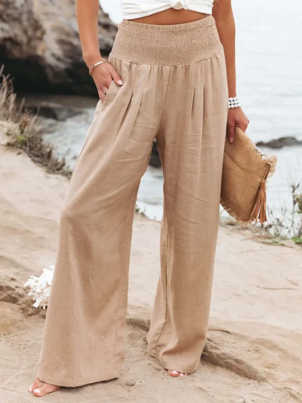 Women's casual pants with drawstring, mid waist, beach wide leg, spring and summer, European and American pants