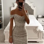 Glamorous Off-Shoulder Sequined Gown for Cocktail Elegance - Image 2
