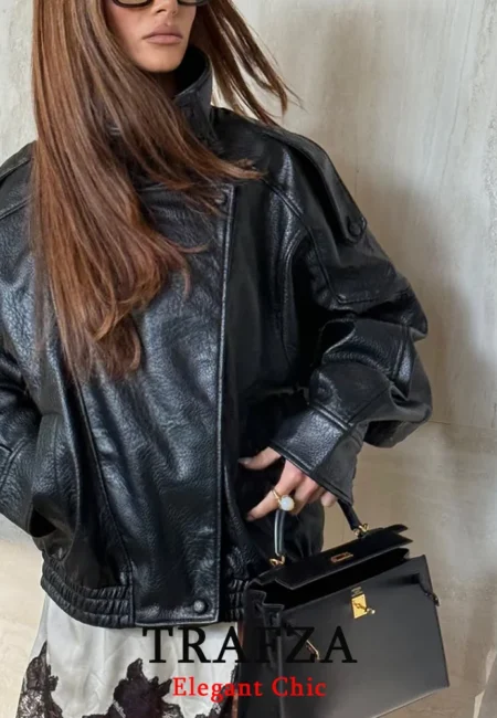 TRAFZA Women's Faux Leather Jacket Stand-Up Collar Winter