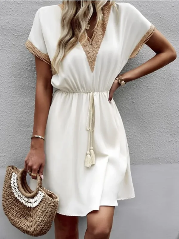 Elegant Women's White Dresses  Summer Solid Short Sleeve Lace V-Neck Waistband Female Beach Midi Dress S-XXXL