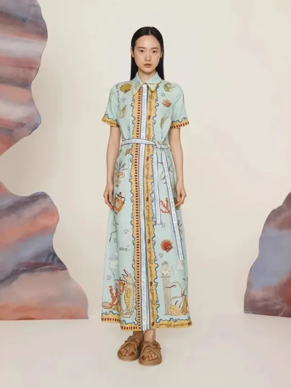 Chic Graffiti Linen Dress with Lantern Sleeves for Effortless Style