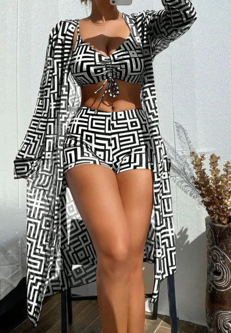 Sophisticated Three-Piece Geometric Swimsuit Set for Women