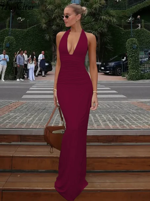 Elegant Backless Maxi Dress - Summer Halter V Neck Gown