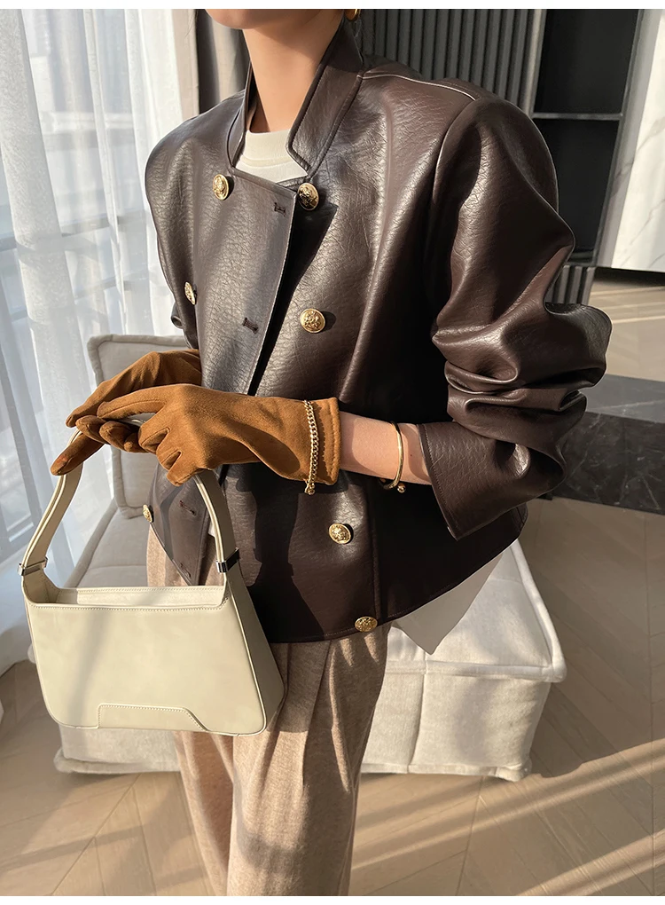 Kf-S900856863Aad414Da875B30282195A18W Luxe Mandarin Collar Faux Leather Jacket Women Double Breast
